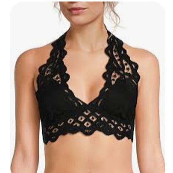 NEW Free People XS Adella Crochet Lace Halter Black Bralette Boho Goth Lingerie - Picture 1 of 4